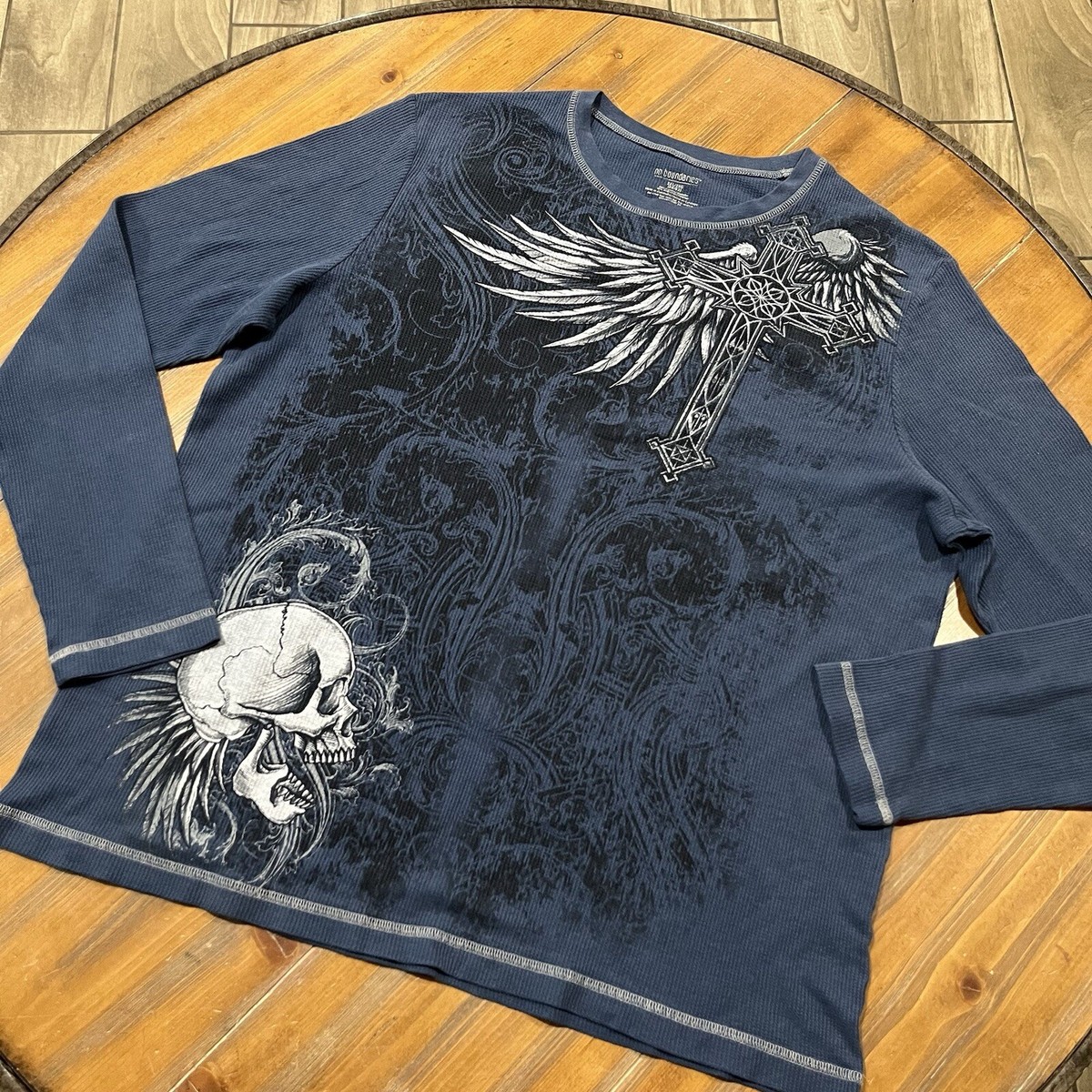 No Boundaries Shirt 2XL Blue thermal Long Sleeve Cross Skull