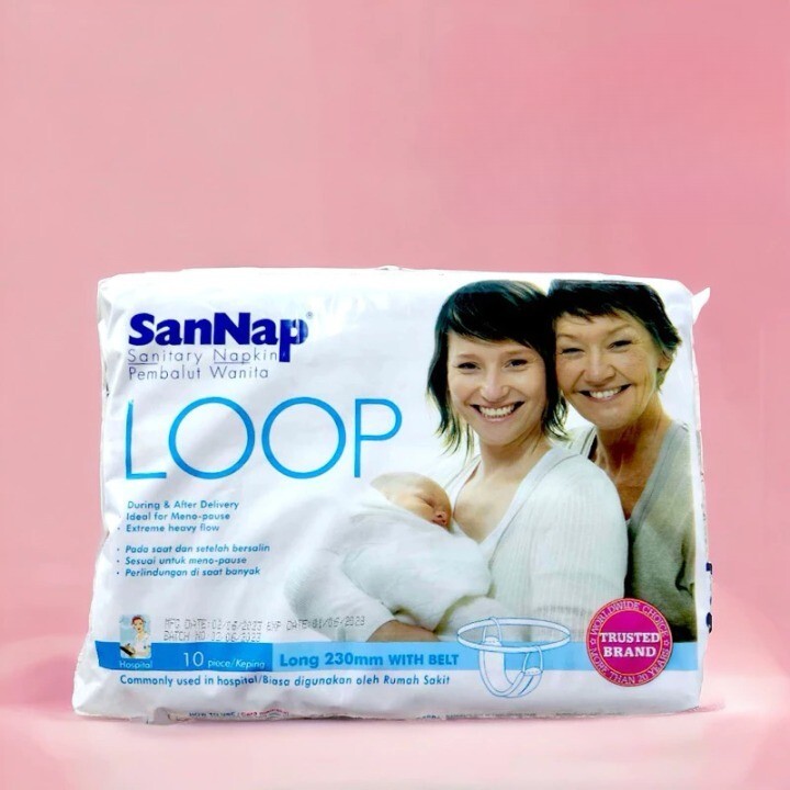 1x SanNap Loop Maternity Sanitary Napkin 230mm with Belt 10s Heavy Flow
