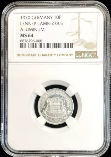 1920 GERMANY CITY OF LENNEP PRUSSIA 10 PFENNIG NOTGELD NGC MINT STATE 64