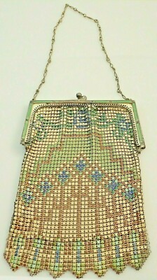 Antique Art Deco Whiting Davis Enamel Frame Mesh Purse Bag