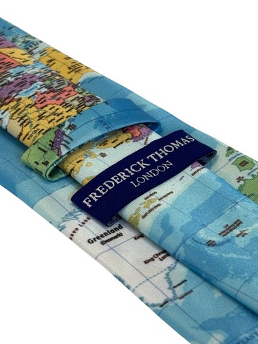 world map design mens tie blue designer necktie by Frederick Thomas - Picture 4 of 7