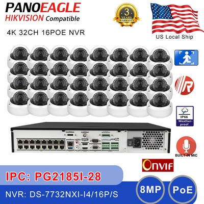 Hikvision Compatible 4K 32CH 8MP IR Dome Mic IP Camera System 12MP 16POE NVR Lot
