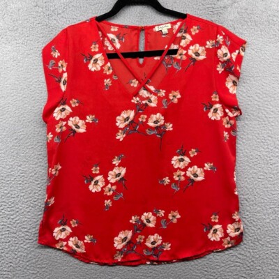 Lily White Womens Blouse Red Floral Short Cap Sleeve V-Neck Cross Strap Size L