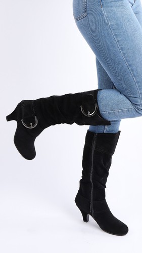 NEW WOMENS LADIES MID HEEL WINTER TWIN BUCKLE ZIP CALF KNEE RIDING SHOES BOOTS - 第 7/55 張圖片