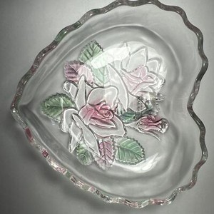 Home Beautiful Dish Japan VTG Crystal Floral Heart  Embossed Rose Serve Candy