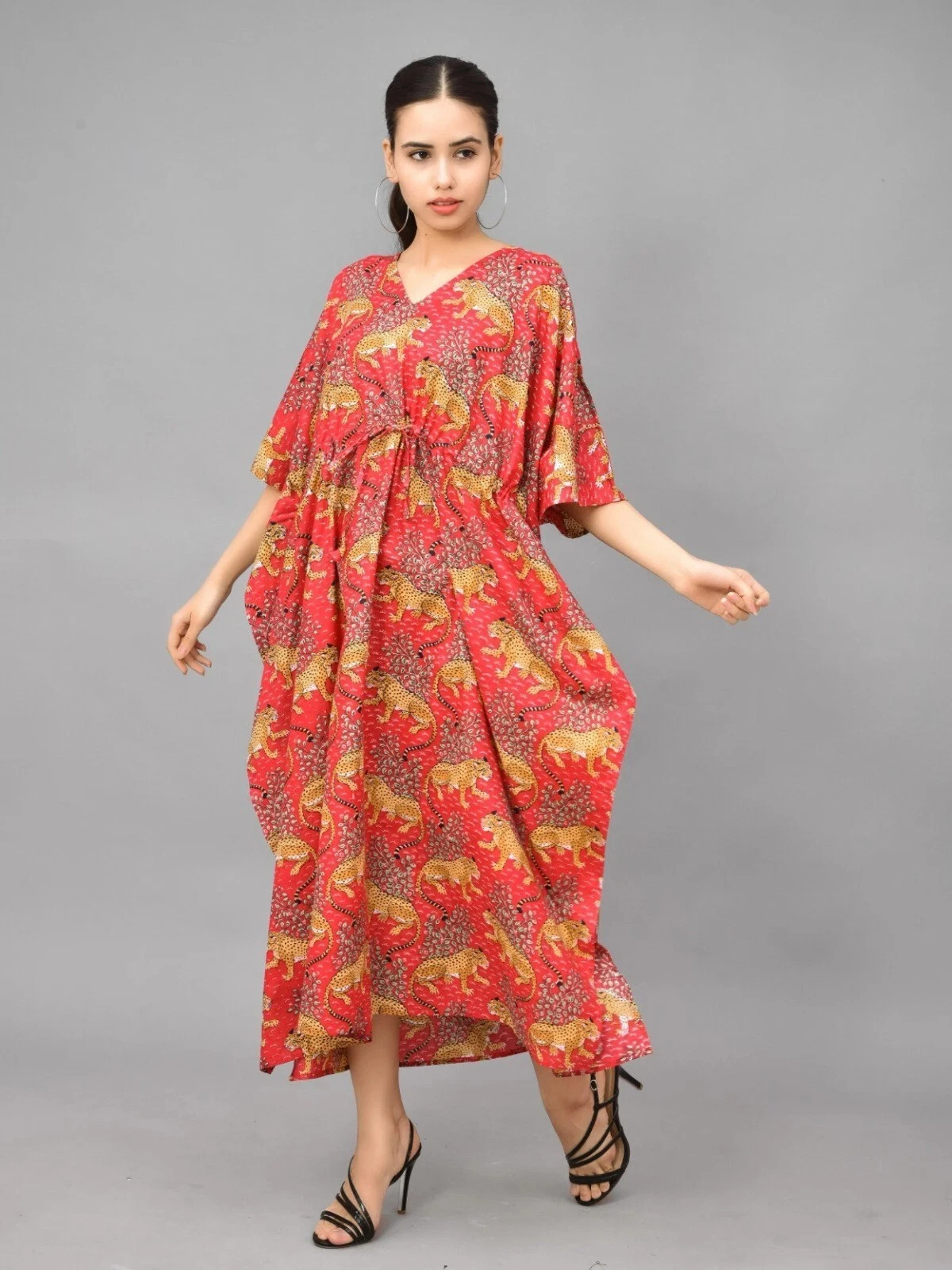 Indian Cotton Red Tiger Printed Kaftan Dress Women's Clothing Kaftan Dress US