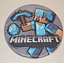 MINECRAFT Diamonds Embossed Round Metal Sign Game Room Wall Decor Open Road NEW