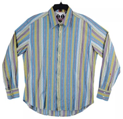 Robert Graham LS Shirt Men XL Blue Green Multi Striped Casual Hipster Flip Cuff