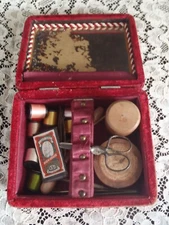 Antique Victorian Velvet Sewing Box With Accessories / Mirror  Very pretty