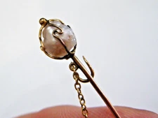 Rare Victorian Art Nouveau 14k Gold Hat /Stick Pin Baroque Pearl & Safety Chain