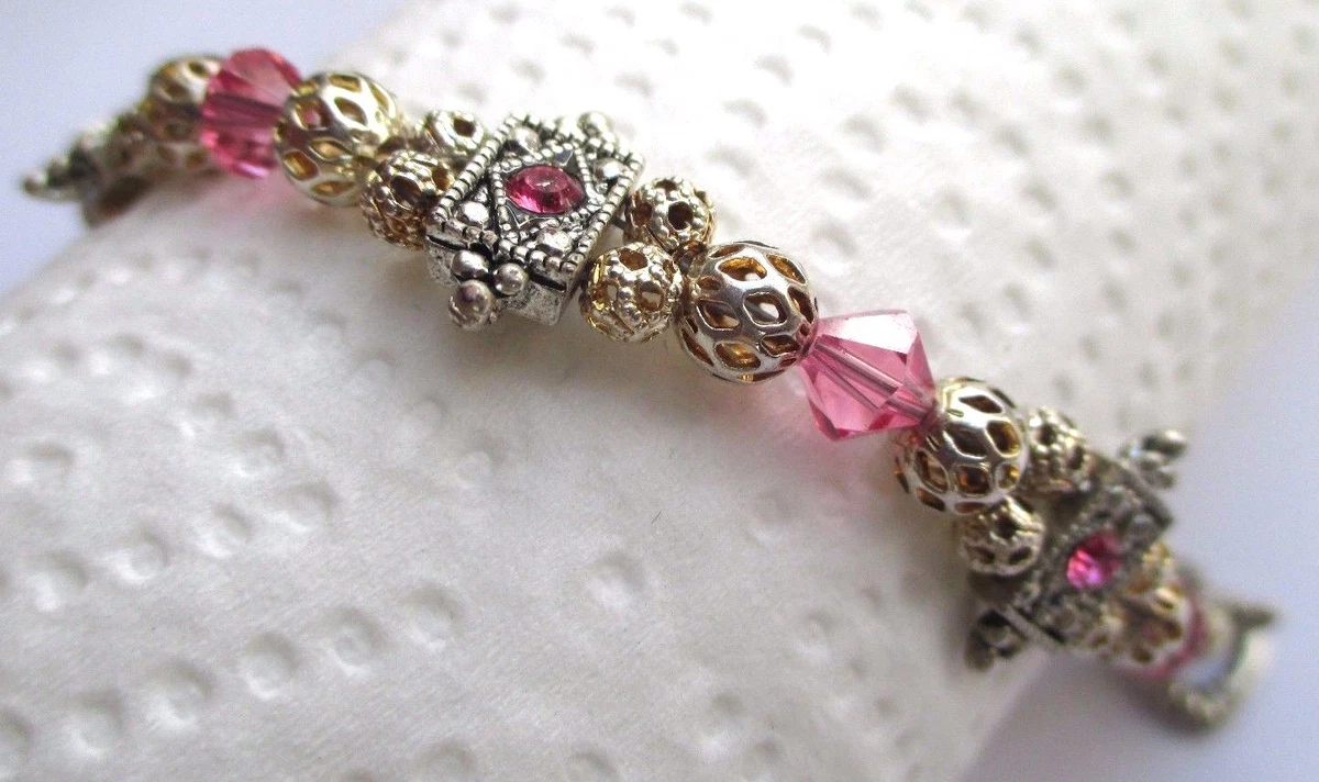 Bracelet Décoratif Argenté Avec Perles Et Cristaux Roses - Modèle 3125 - Occasion Bon État
