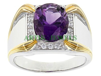 Natural Amethyst Gemstone with 14K White Gold Plated Silver Ring for Men's #31