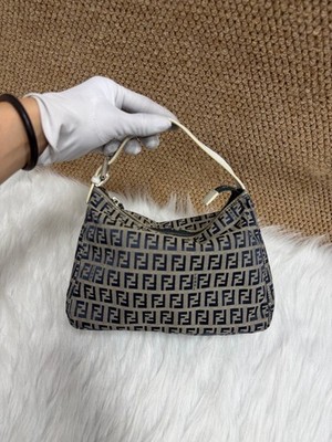 Fendi Zucchino FF Monogram Small Beige & Navy Jacquard Canvas Top Handle Bag Dut