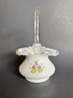 2 Vintage Fenton Violets in the Snow Silver Crest Milk Glass Baskets