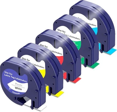 OOZMAS 5x 91221-91225 Farbe 12mm Schriftband für Dymo Letra Tag Band LT-100T 100H