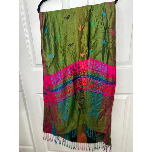 Grün Rosa Abstrakt Fransen Schal Halstuch Tuch Fleur de Lis Muster Seide - Bild 2 von 3