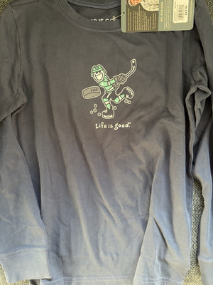 Life is Good Crusher Kids L Blue Long Sleeve Crew Neck Cotton Hockey Tee