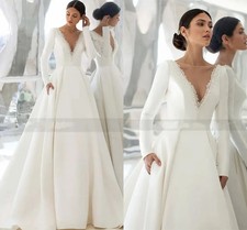 Elegant Satin Wedding Dress Beads Pearls V Back Court Train Wedding Gowns