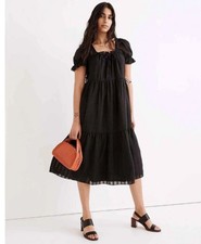 Madewell Dress Womens Medium Black Tiered Midi Square Neck Puff Sleeve