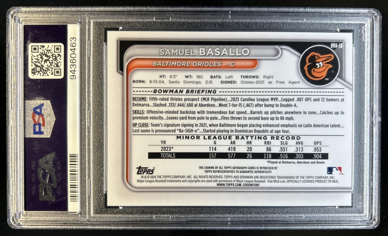 2024 Bowman Mega Box Samuel Basallo Prospect Auto Mojo Refractor #BMA-SB PSA 10 view 2
