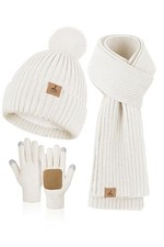Women Winter Beanie Hat Scarf Gloves Set, Fleece Knitted Pompom Hat Milk White