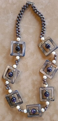 Hand Carved Mother Of Pearl, Pearls Peacock Pearls Glass Amethyst Beads Necklace - Picture 2 of 10