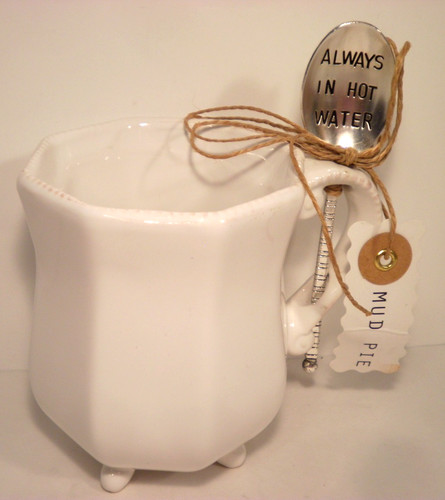 NWT Mud Pie White Footed Cup Paneled Always In Hot Water Beaded Mug Spoon Coffee