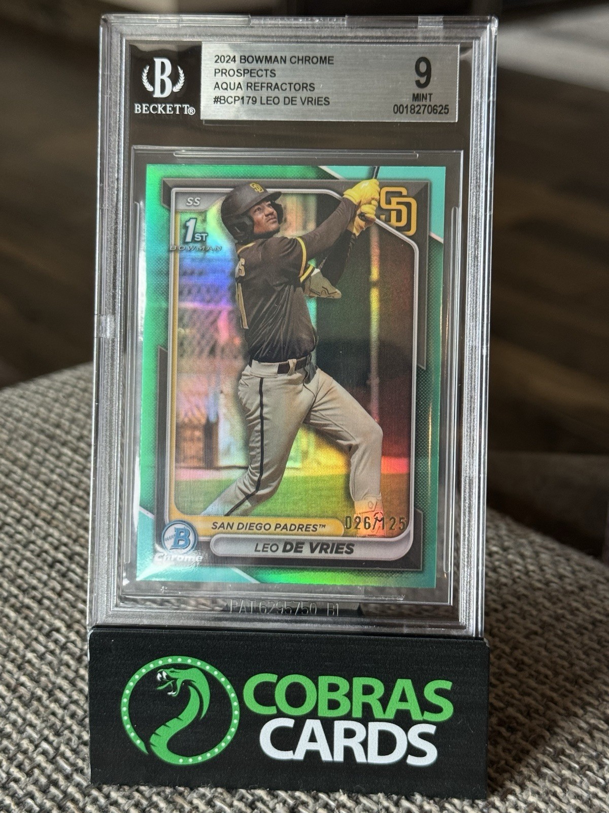 🔥2024 Bowman Chrome Leo De Vries 1st Aqua Refractor Padres #26/125 BGS 9🔥