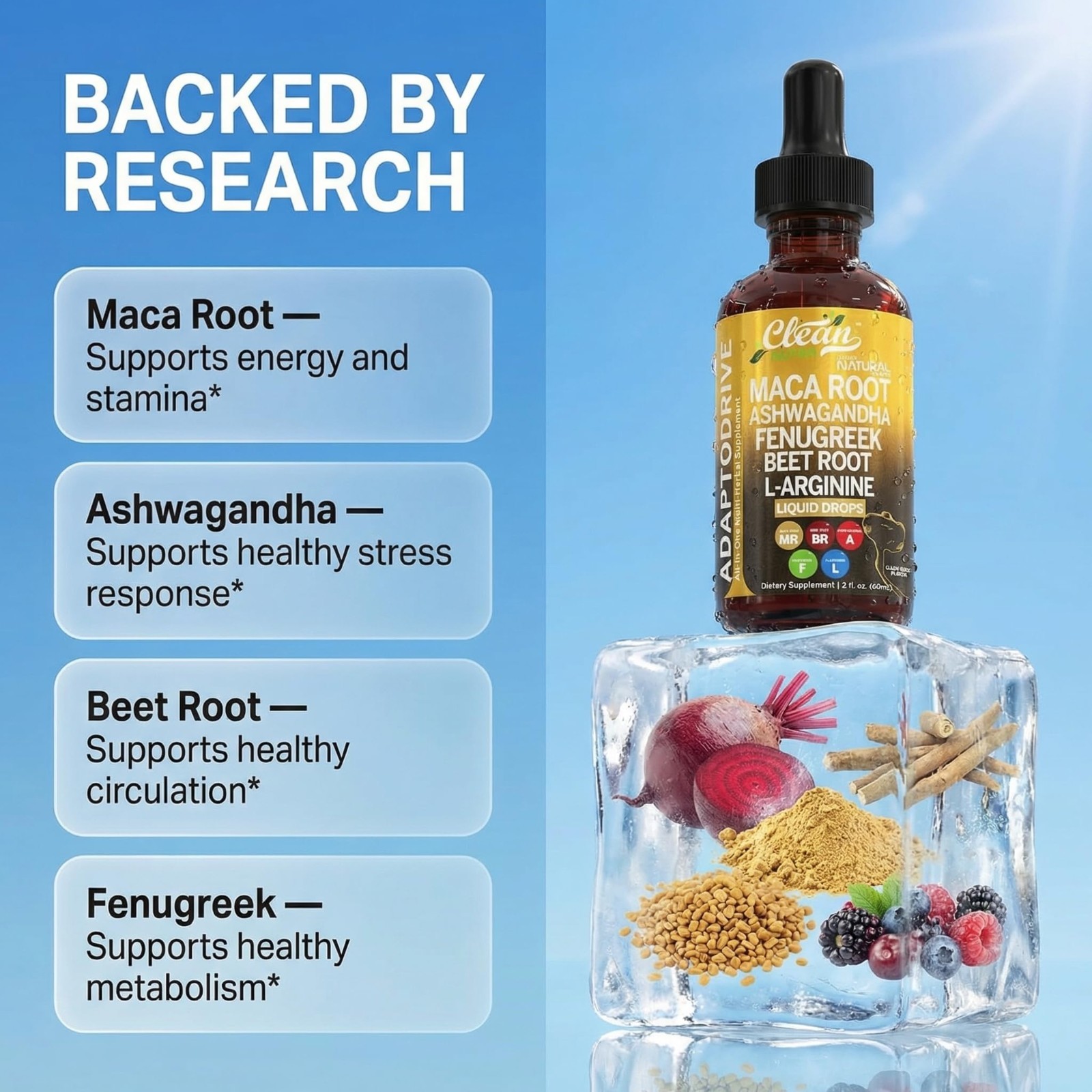 Clean Nutra Organic Maca Root Liquid Drops with Ashwagandha, Fenugreek ...
