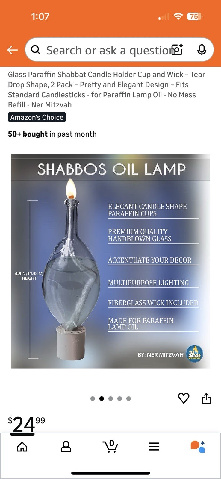 Glass Paraffin Shabbat Candle Holder Cup and Wick – Tear Drop Shape, 2 Pack –...