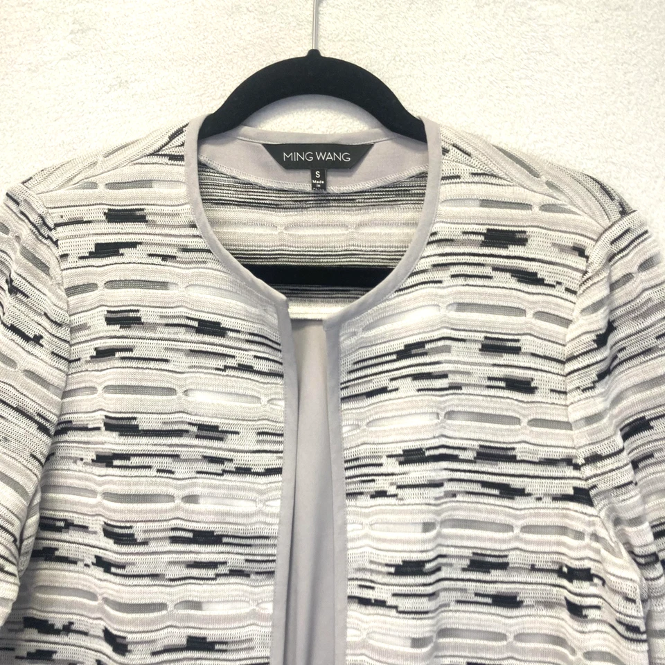 Chaqueta Ming Wang Tejida Frente Abierto Mujer Pequeña Gris Negra Gasa Trasera Manga 3/4 Foto 4 de 4