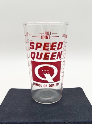 Vintage Speed Queen Advertising Measuring Glass 8 Oz Red Graphics Laundry Promo