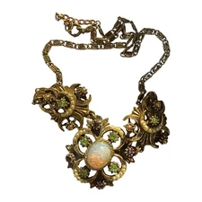 Victorian Revival Faux Fire Opal Pearl Necklace Antique Style Gold Tone Statemen