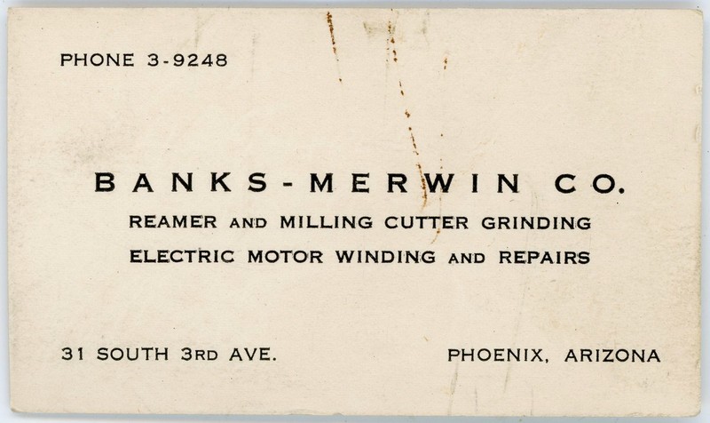 Vintage 1930s 1940s Business Card Banks-Merwin Co.  31 S. 3rd Avenue Phoenix AZ