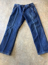 Distressed ARIAT WORK Flame Resistant FR M4 Low Rise Boot Cut Jean Blue 33/30