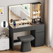 Farmhouse Makeup Vanity Desk with Mirror and LED Lights, Glass Cabinet for Room