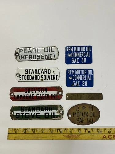 Vintage Porcelain & Brass Gas & Oil Tag Lot! Chevron, RPM, Standard Gas /Oil Tag