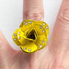Rose Flower Ring Rhinestone Yellow Enamel Nature Jewelry Adjustable Size 7 - 8