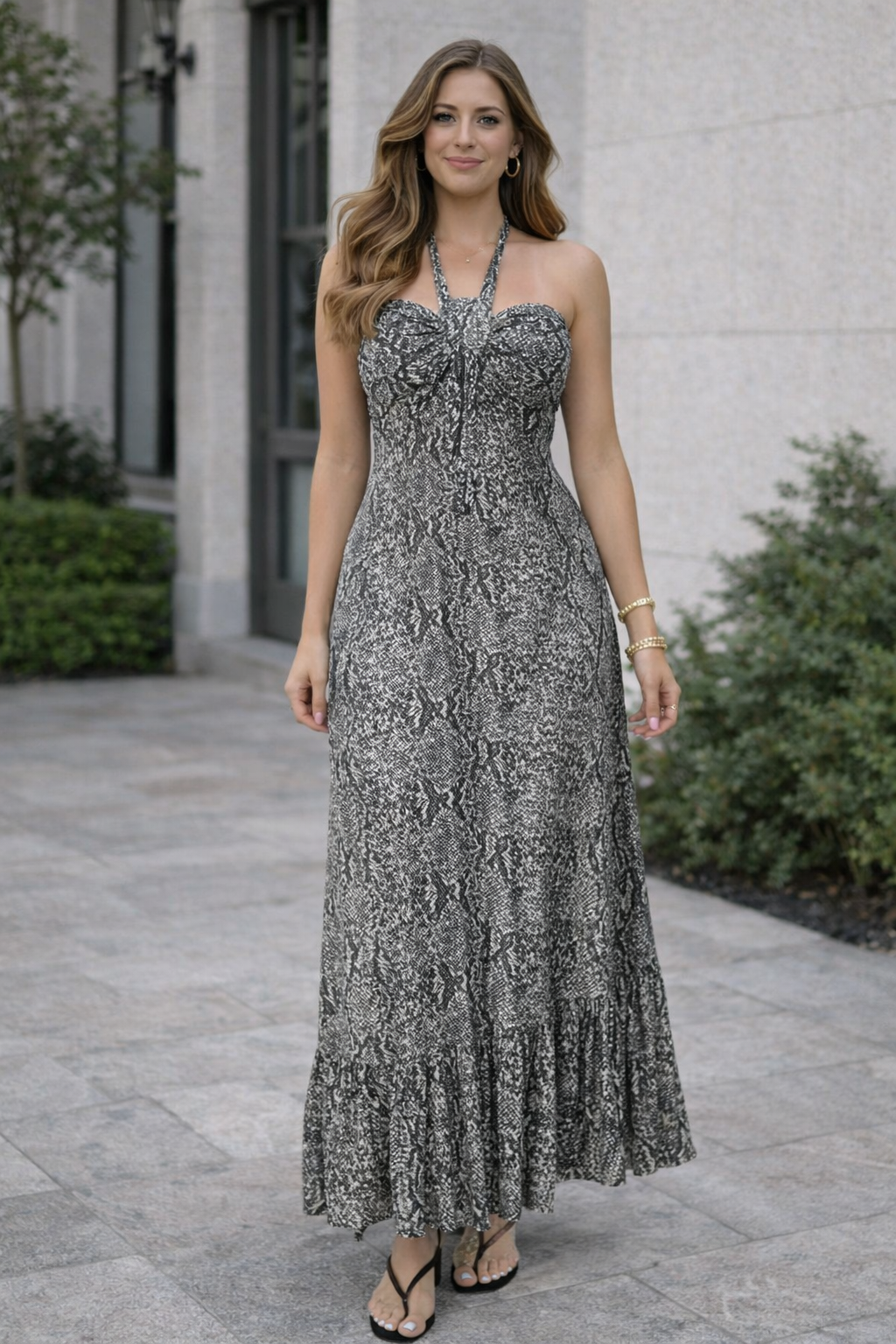Women’s Snakeskin Maxi Dress Halter Neck Stretch Black Gray Small