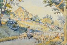 Schafherde (1) | Kleines Aquarell | Gemälde von Wilhelm Winkler