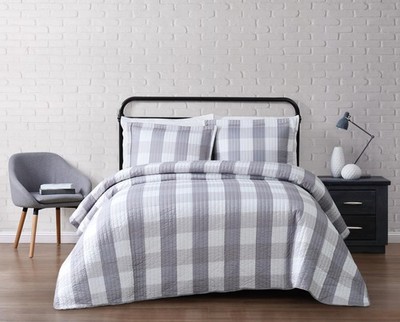 Truly Soft Everyday Buffalo Plaid Gray Polyester 3-Piece King Quilt Set Plaid