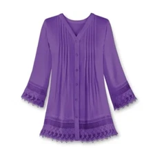 Collections Etc. Women’s Pintuck Lace Trim Button Down V Neck Tunic 3XL Purple