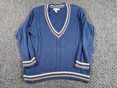 Oversized Preppy Deep V-Neck Sweater Women's Small Blue Chunky