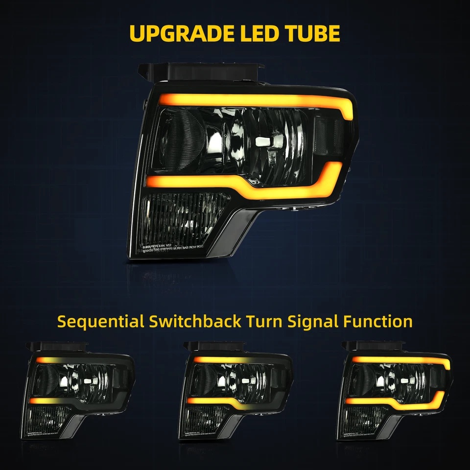 Sequential Turn Signal LED DRL Headlights For 2009-2014 Ford F150 Smoke Lens - Image 3 of 4