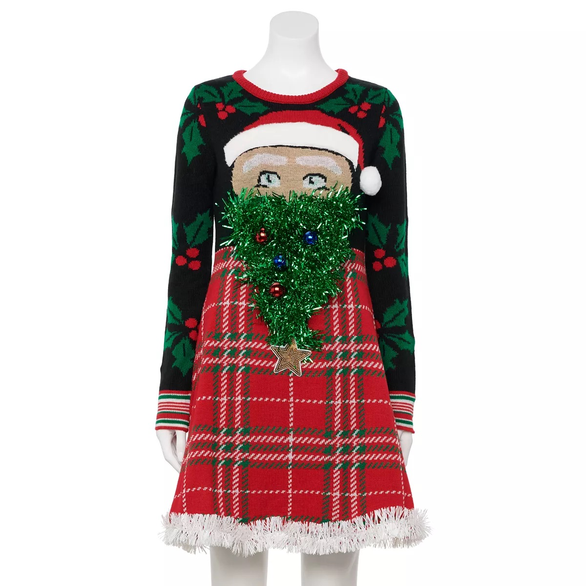 UGLY CHRISTMAS DRESS SANTA TINSEL TREE BEARD PLAID LONG SLEEVE