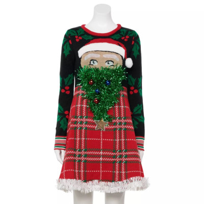 UGLY CHRISTMAS DRESS SANTA TINSEL TREE BEARD PLAID LONG SLEEVE JUNIORS/WOMENS