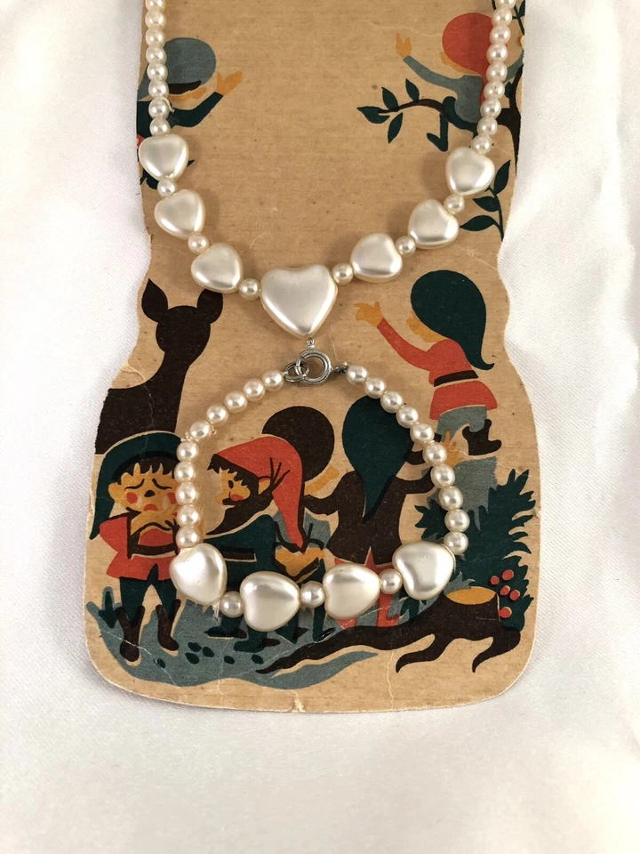 Collar Pulsera Vintage Niñas Plástico Perla Corazones Blancanieves Enanos Original Foto 3 de 4