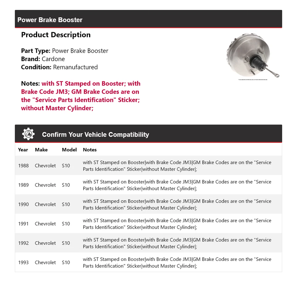 For 1988-1993 Chevrolet S10 Power Brake Booster Cardone 1989 1990 1991 1992 - Image 2 of 4