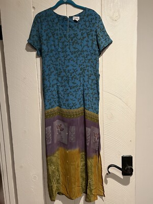Vintage Kamal Womens Dress Small Polyester Maxi Short Sleeves Art To wear  | eBay