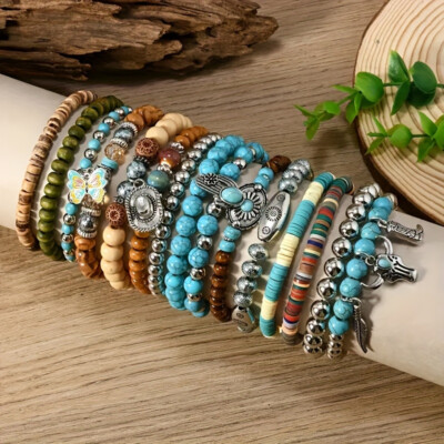 15pcs Bohemian Style Wooden Bead Bracelet Set Multi-Layer Stretch Bead Bracelet